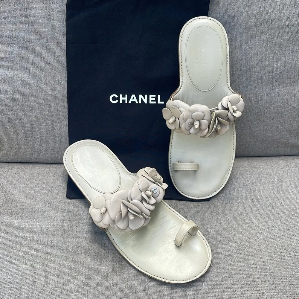 CHANEL Leather Camellia Sandals with Silver CC accents